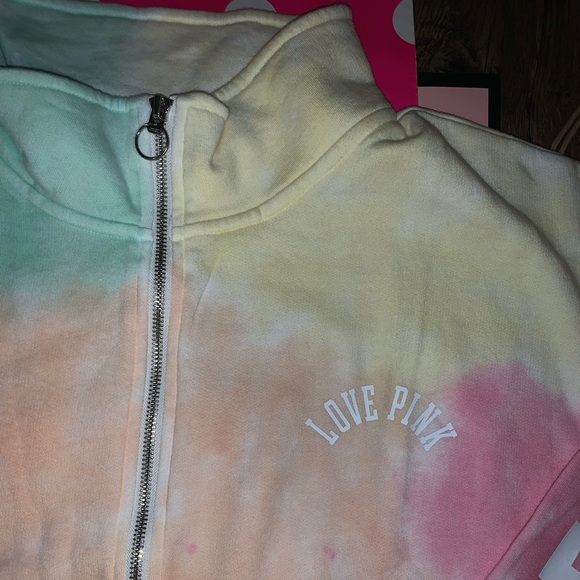 NEW VS PINK Pastel Tie Dye Quarter Zip Logo Varsity Sweatshirt. - Picture 8 of 11